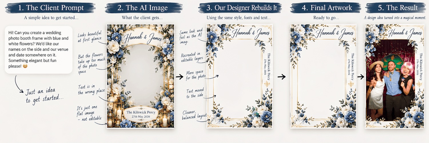 Five stage process from client AI wedding idea to finished Yorkshire Magic Mirror artwork