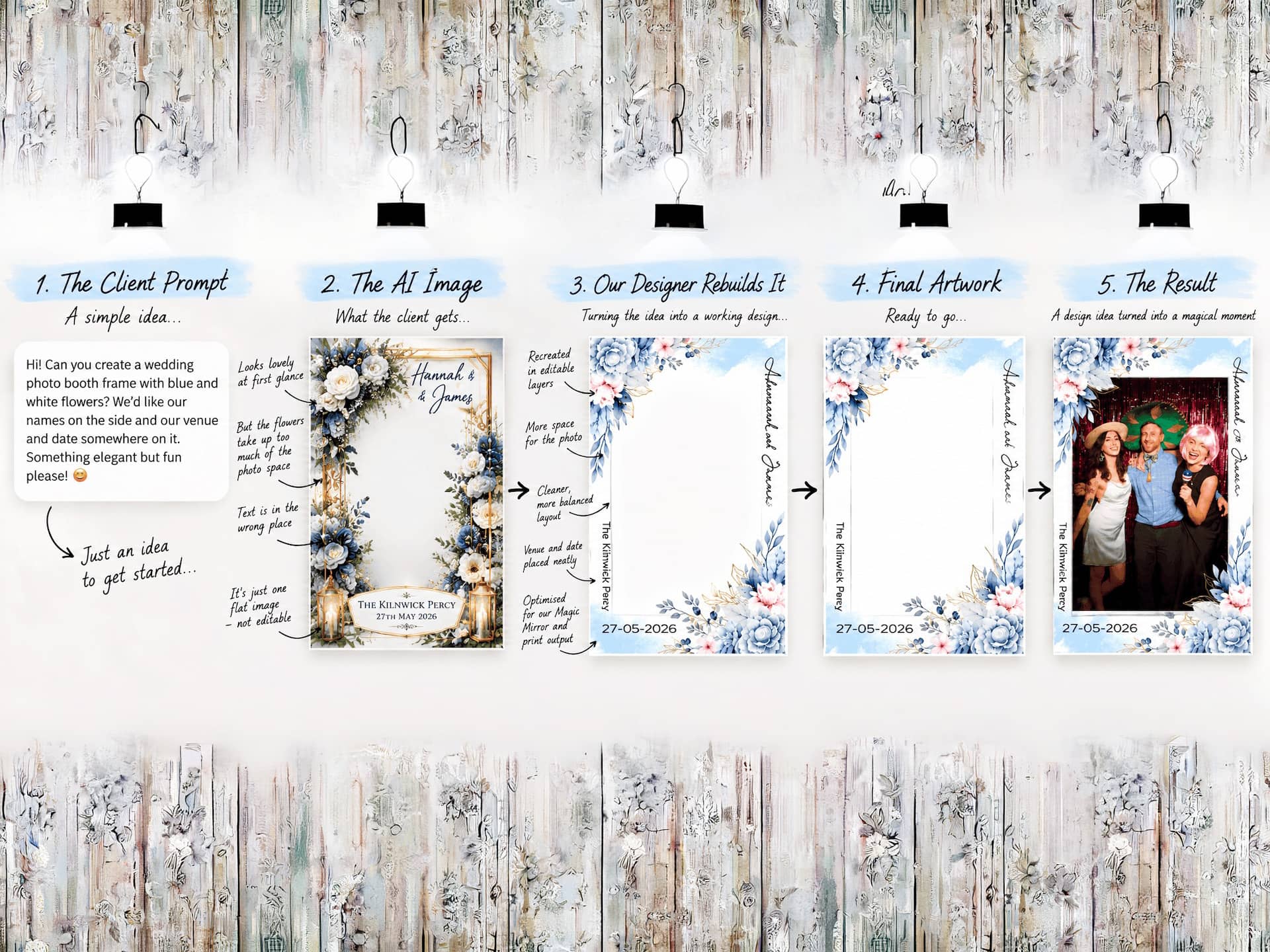 AI wedding design idea evolving into finished custom Magic Mirror artwork
