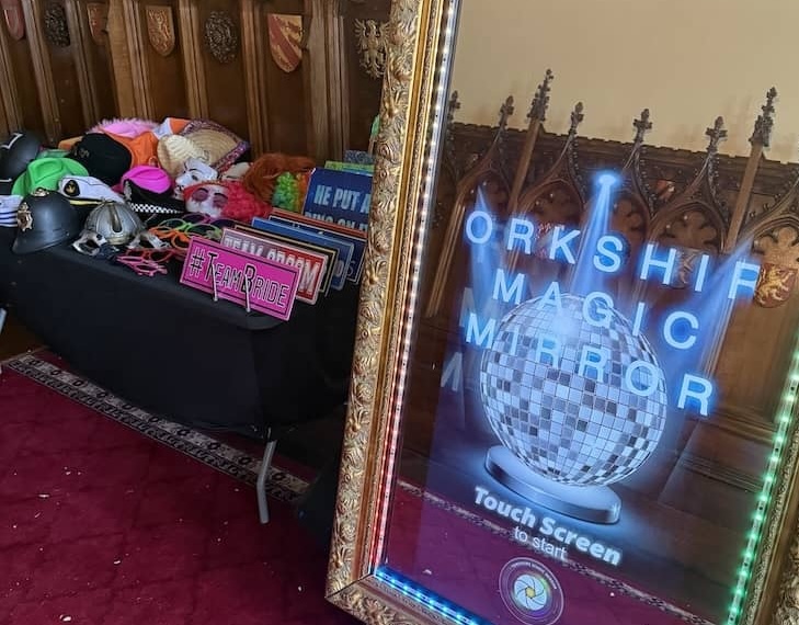 Guests posing for photos at Allerton Castle wedding