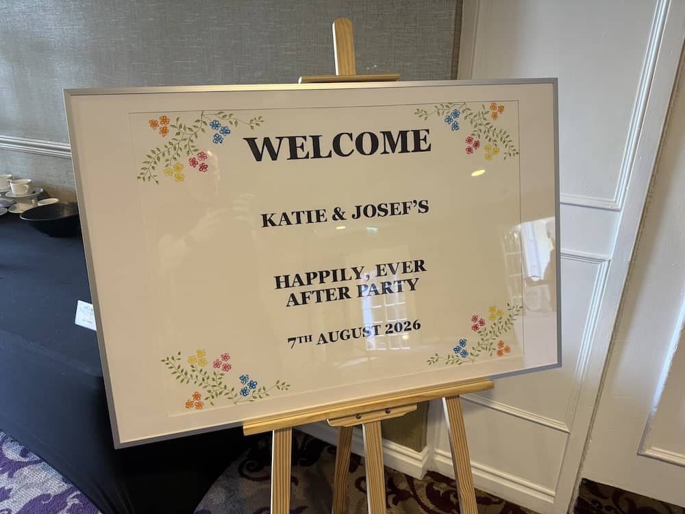 Welcome sign for Katie and Josef's Happily Ever After Party at The Bridge