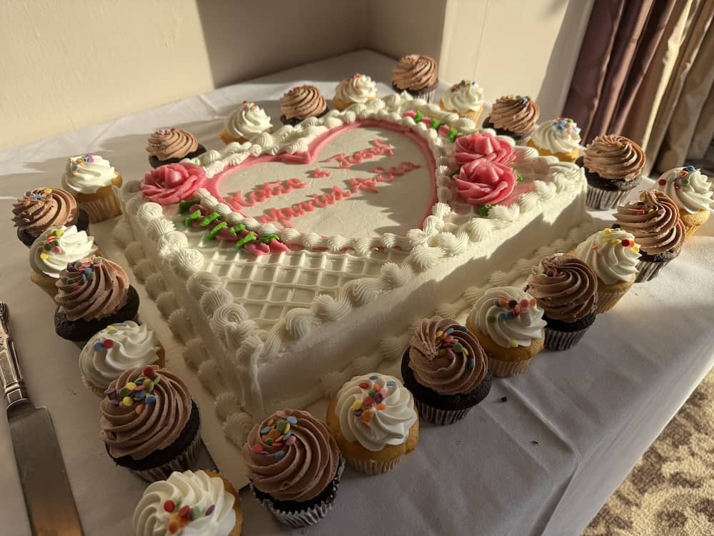 Katie and Josef's wedding celebration cake and cupcakes at The Bridge