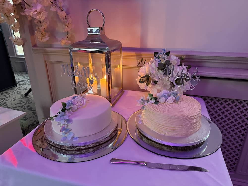 Two wedding cakes at Sue and Mike's wedding at The Bridge