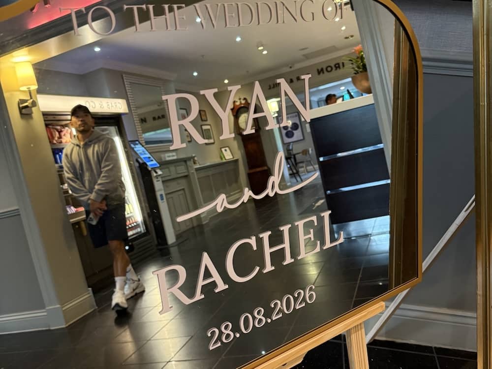 Ryan and Rachel wedding welcome mirror at Delta York