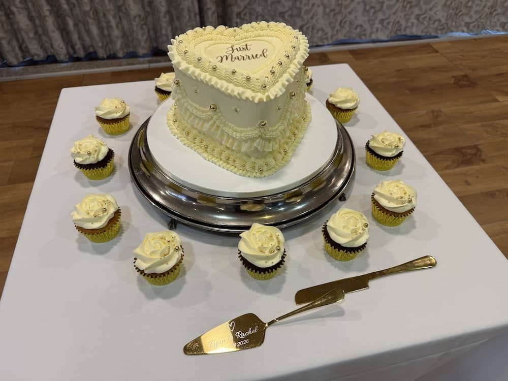 Yellow heart shaped wedding cake at Delta York