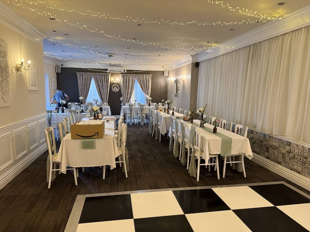 Wedding reception room at Dimplewell Lodge in Ossett