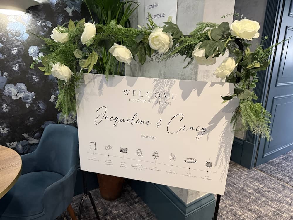 Welcome sign for Jacqueline and Craig's wedding at Fairfield Manor