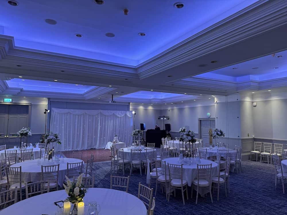 Fairfield Manor wedding reception room with evening lighting