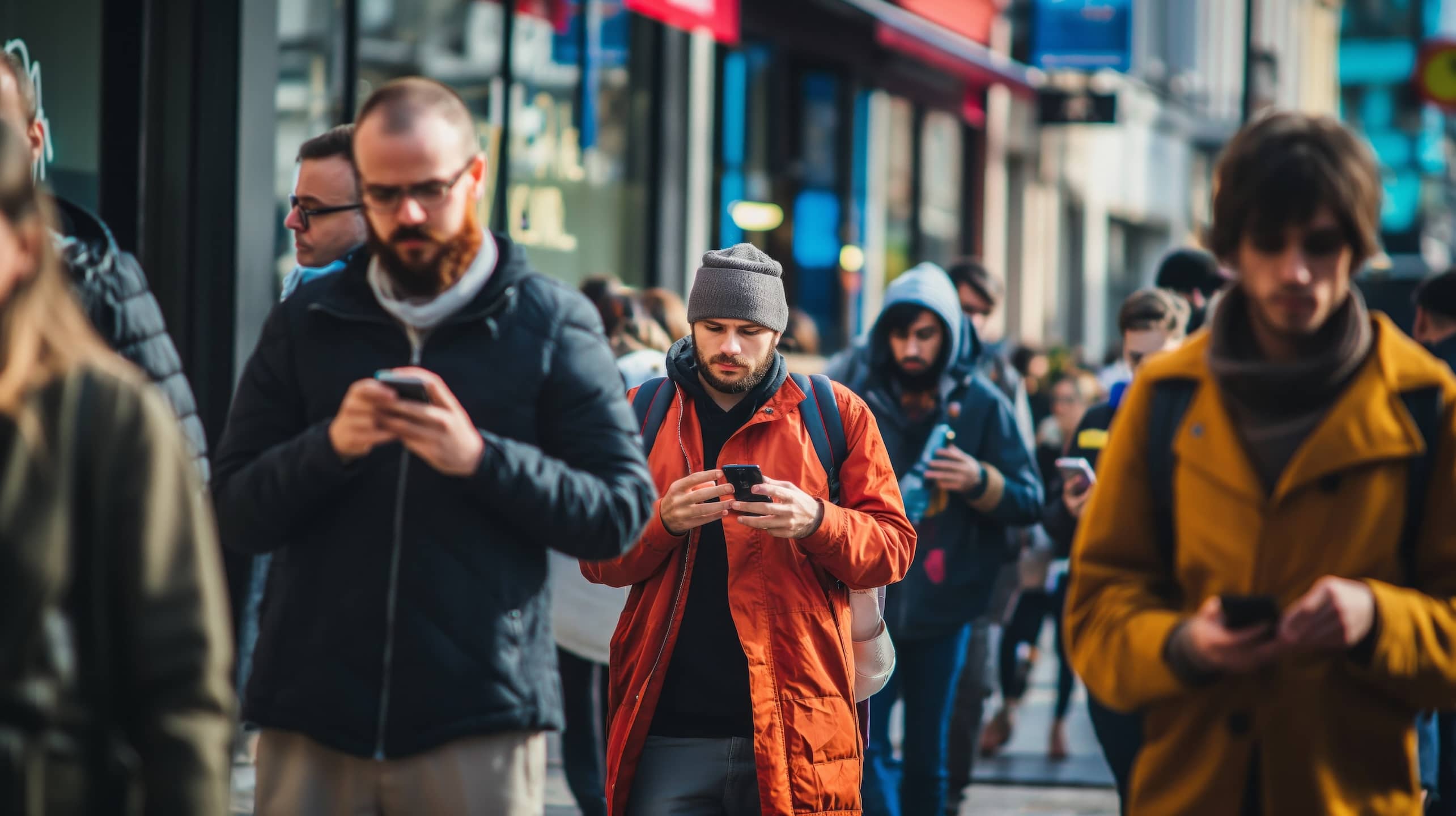 People walking through a busy city street while looking down at their mobile phones