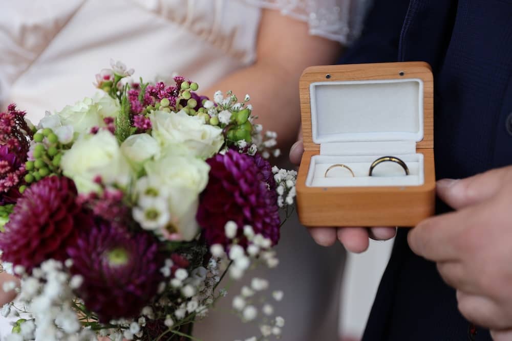 Wedding rings photographed before a ceremony in Harrogate