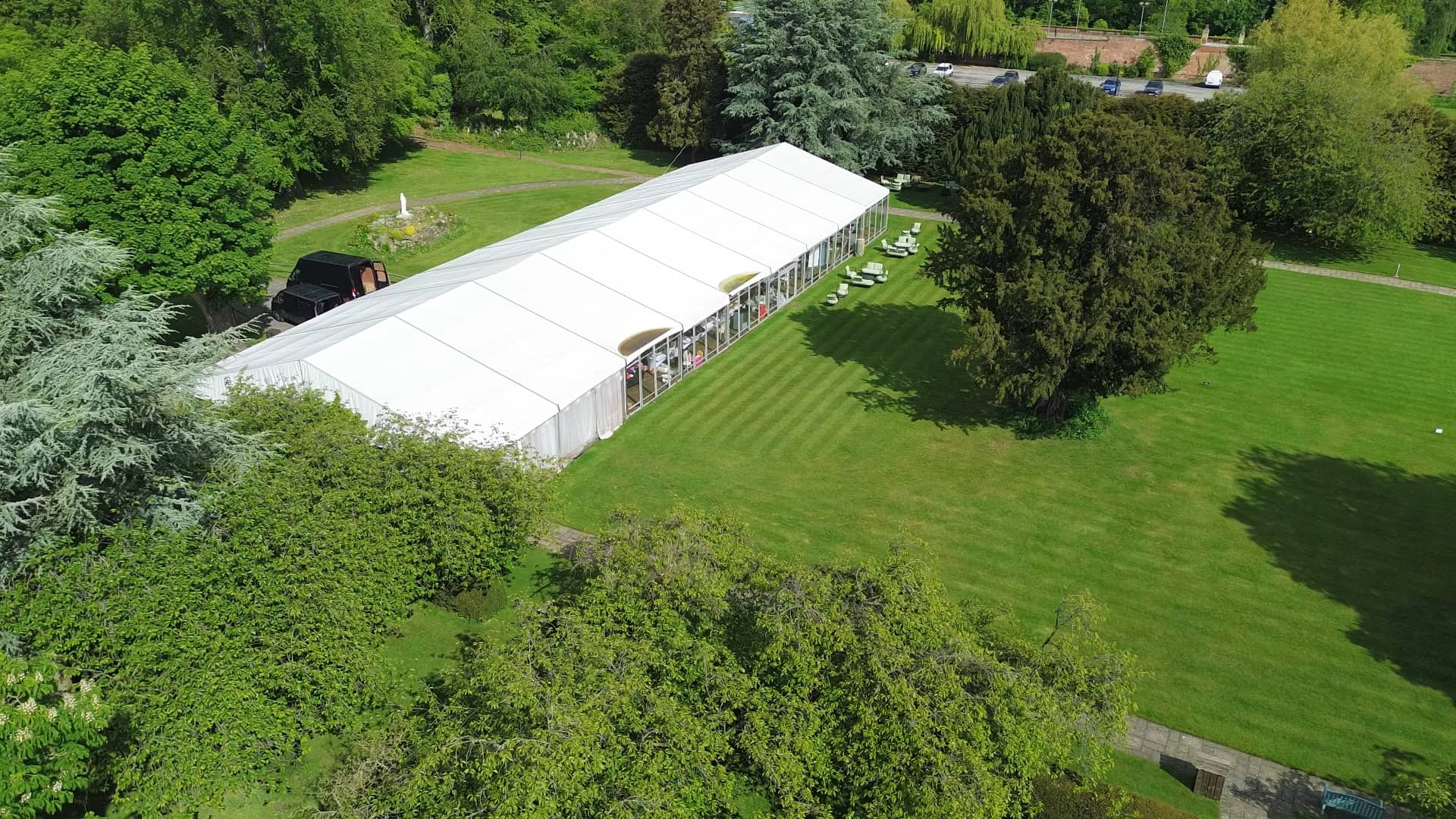 Drone portrait shot of Hazlewood Castle wedding fayre marquee