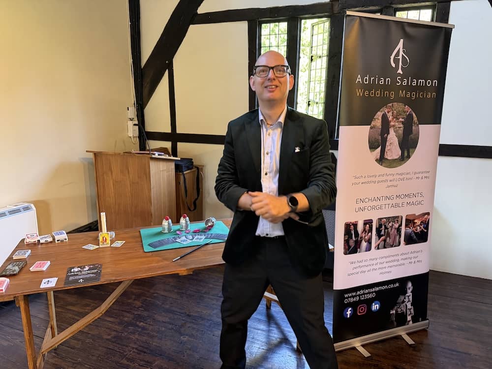 Adrian Salamon performing close-up magic at the Hospitium wedding fayre