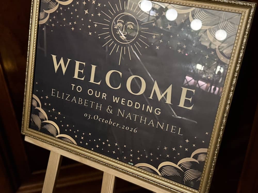 Celestial welcome sign for Elizabeth and Nathaniel's wedding at Impossible York