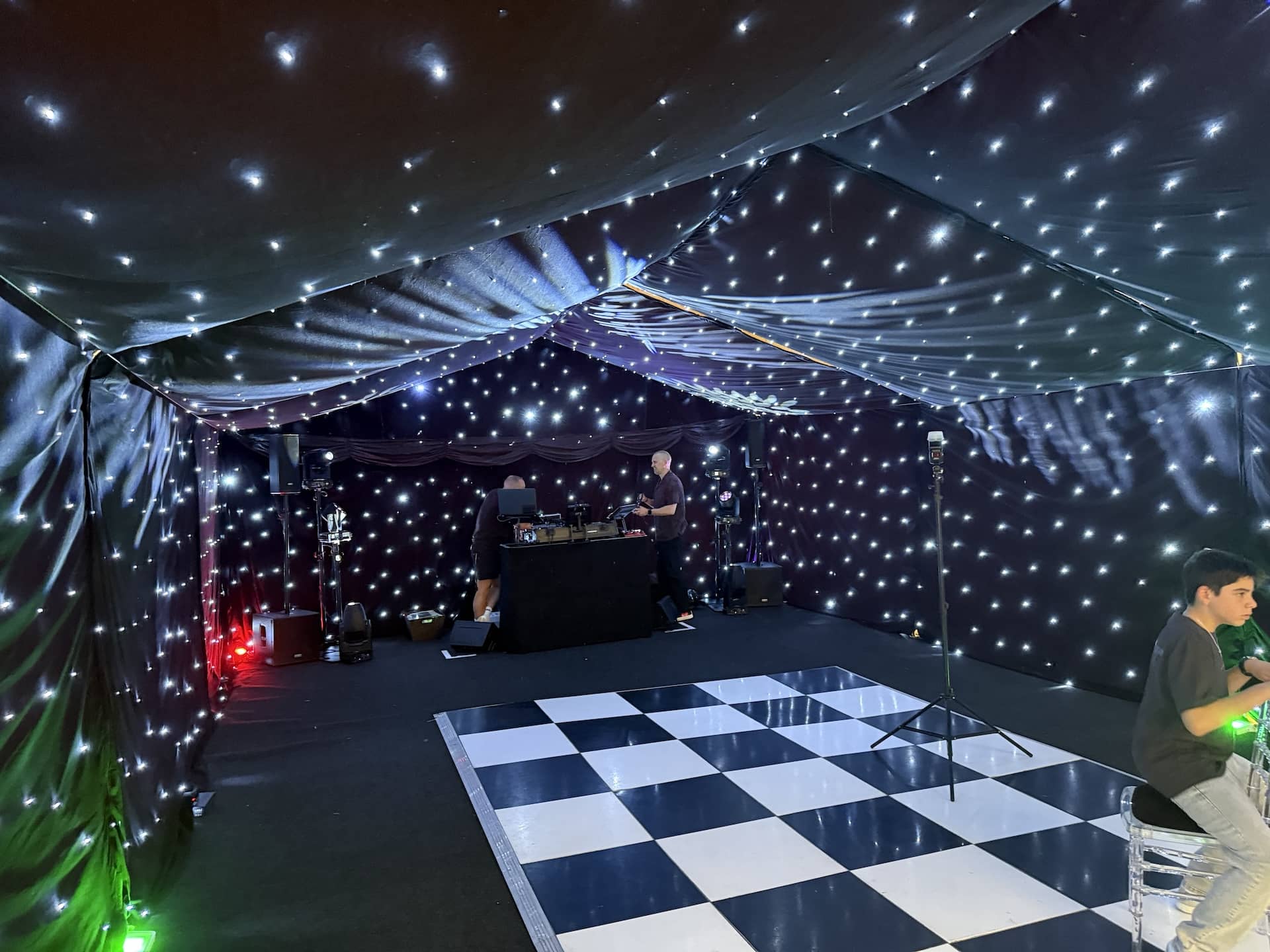 Black star-cloth marquee prepared for Joe's Bar Mitzvah in North Leeds