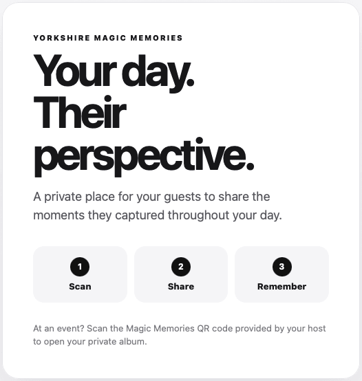 Yorkshire Magic Memories guest photo sharing screen showing Scan, Share and Remember
