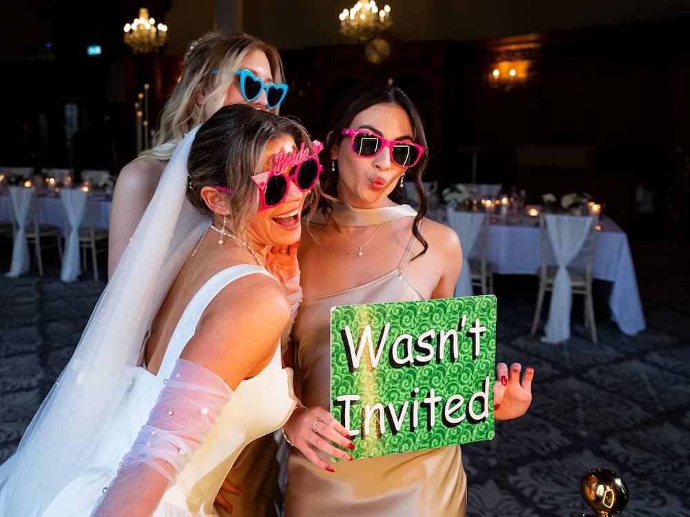 Bridesmaids enjoying the Yorkshire Magic Mirror at a wedding reception
