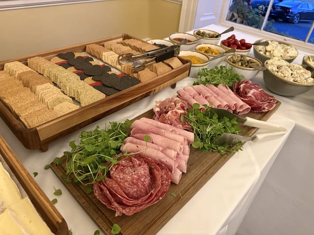 Cold evening wedding buffet with pork pies and cheese at Owston Hall