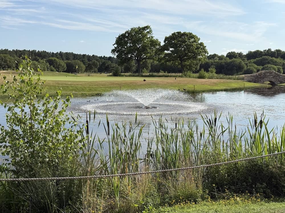 Fountain and golf course at Sandburn Hall