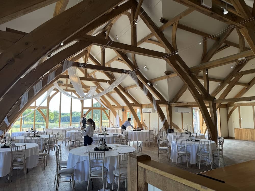 Oak-beamed wedding room at Sandburn Hall