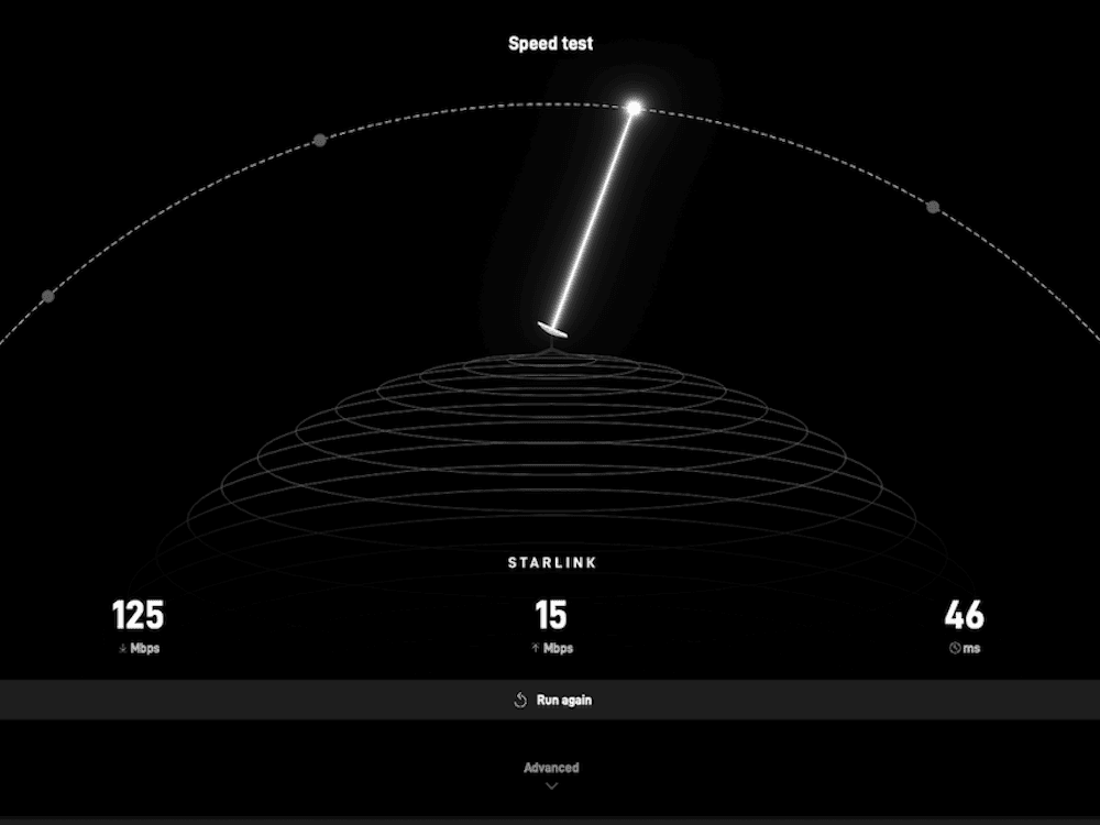 Starlink speed test showing 125 Mbps download, 15 Mbps upload and 46 millisecond latency