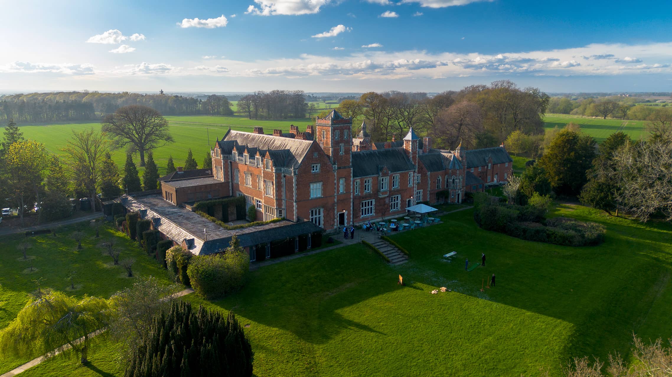 Drone view of Thicket Priory luxury wedding venue in North Yorkshire