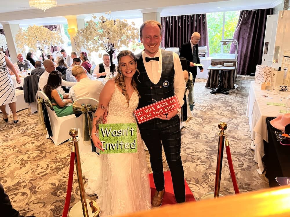 Bride and groom at Magic Mirror photo booth at The Bridge Hotel & Spa Wetherby