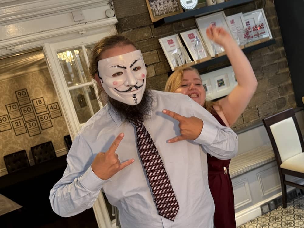 Wedding guests using Magic Mirror props at Dimplewell Lodge Anonymous