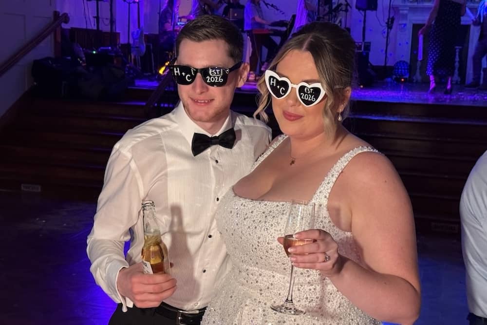 Bride and groom using Magic Mirror at Thicket Priory wedding