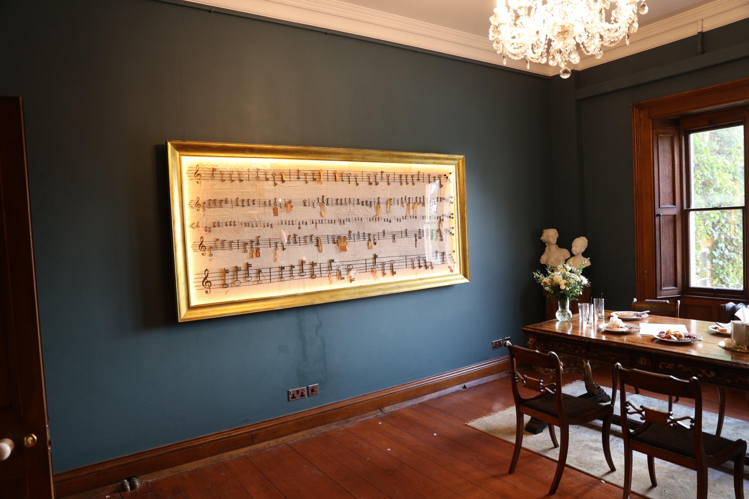 Decorative piano key display at Thicket Priory wedding venue